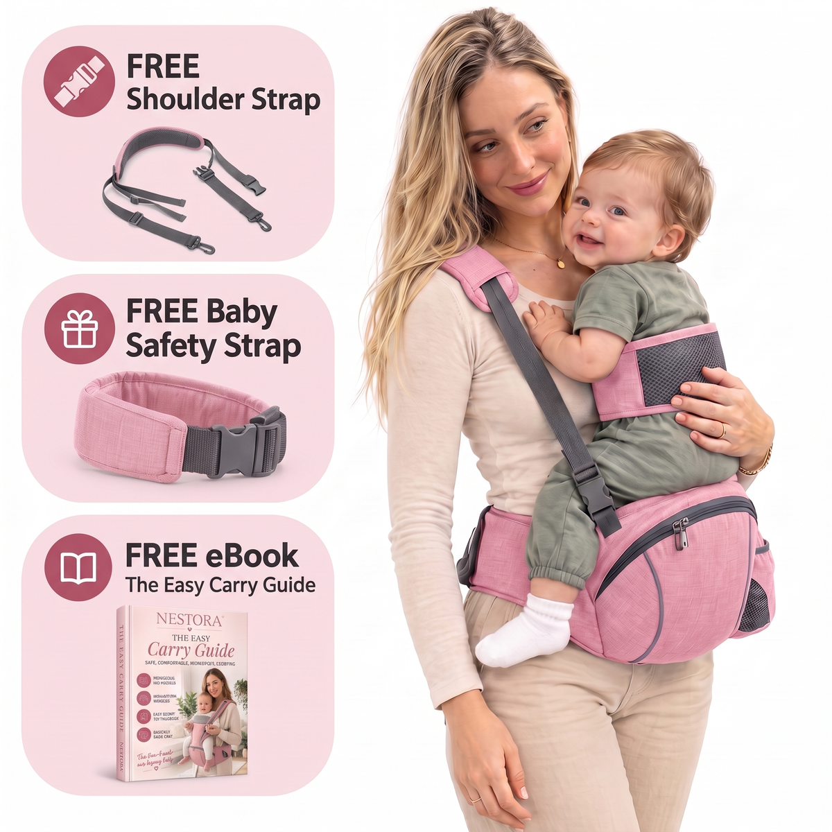 The Complete Carry Kit with free shoulder strap, baby safety strap and eBook