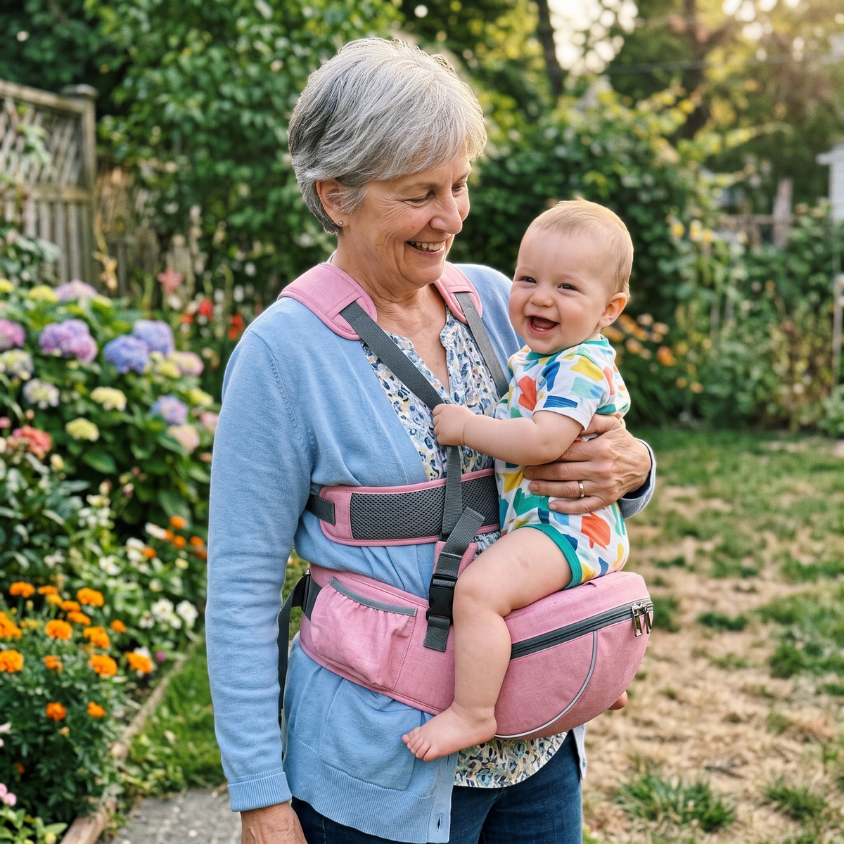 Grandma carrying her grandson in the NestSeat