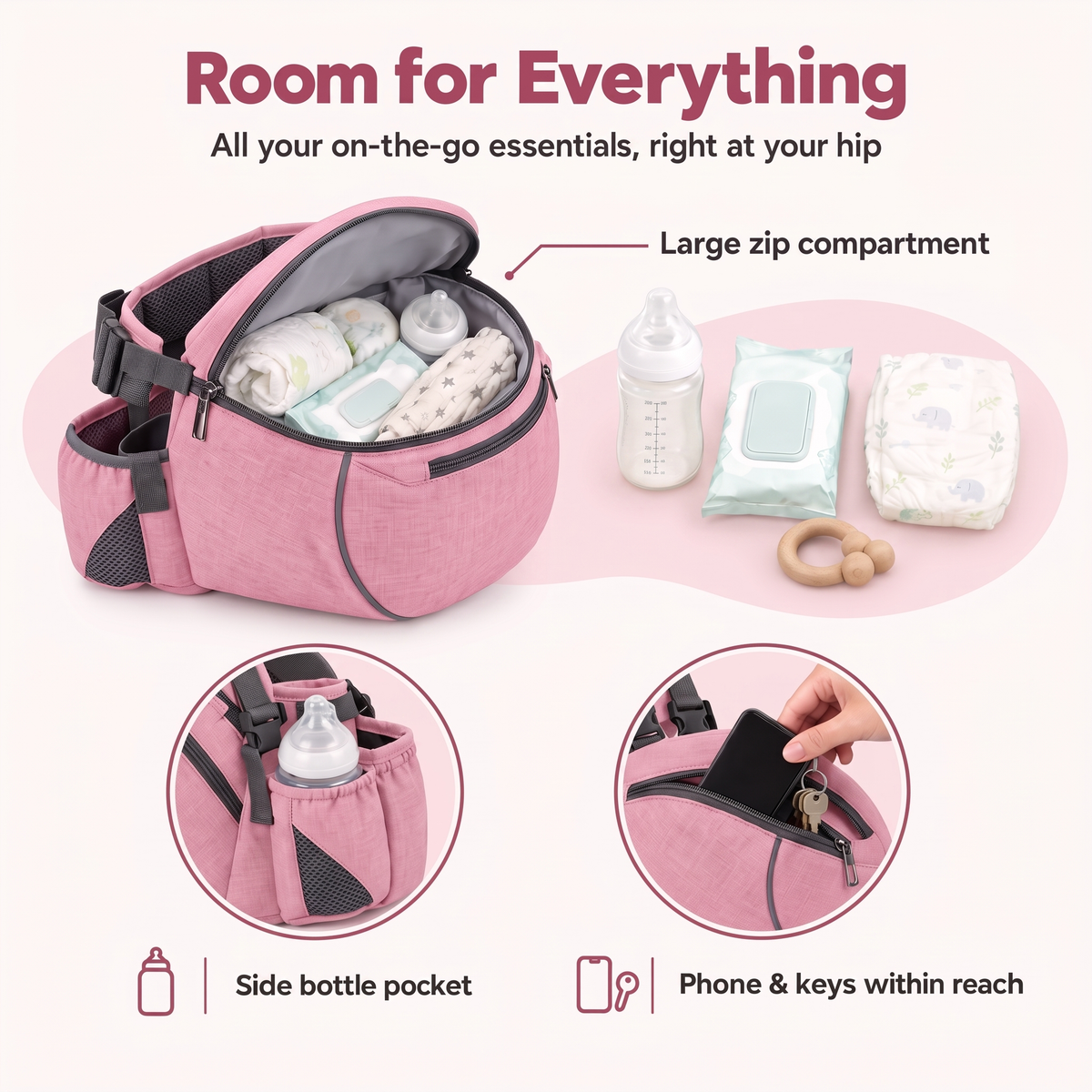 Large zip compartment, bottle pocket and phone pocket